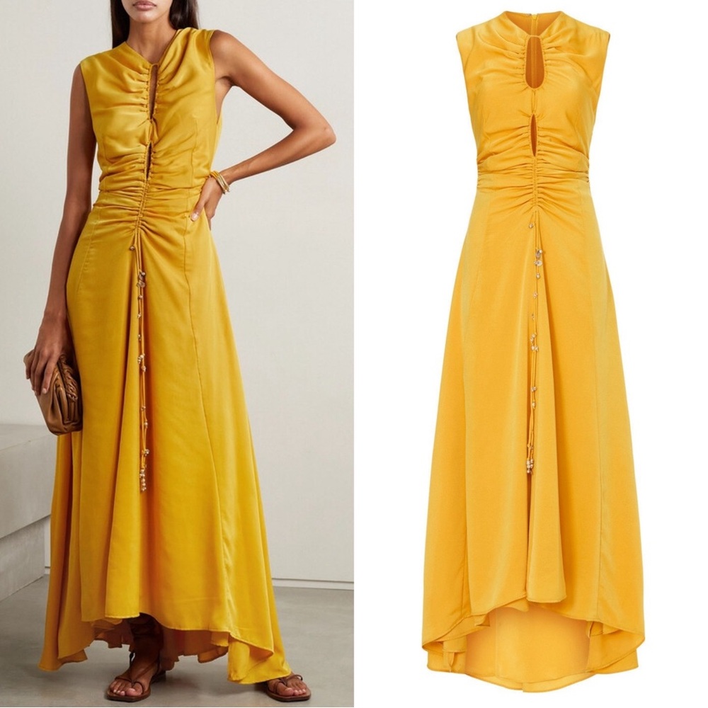 Altuzarra Kaya Ruched Cut Out Crepe Midi Dress Size 2 Golden Yellow